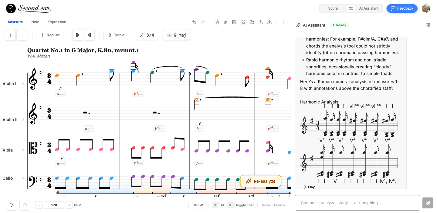 AI Score Reader showing rendered music notation inline in chat with Roman numeral analysis