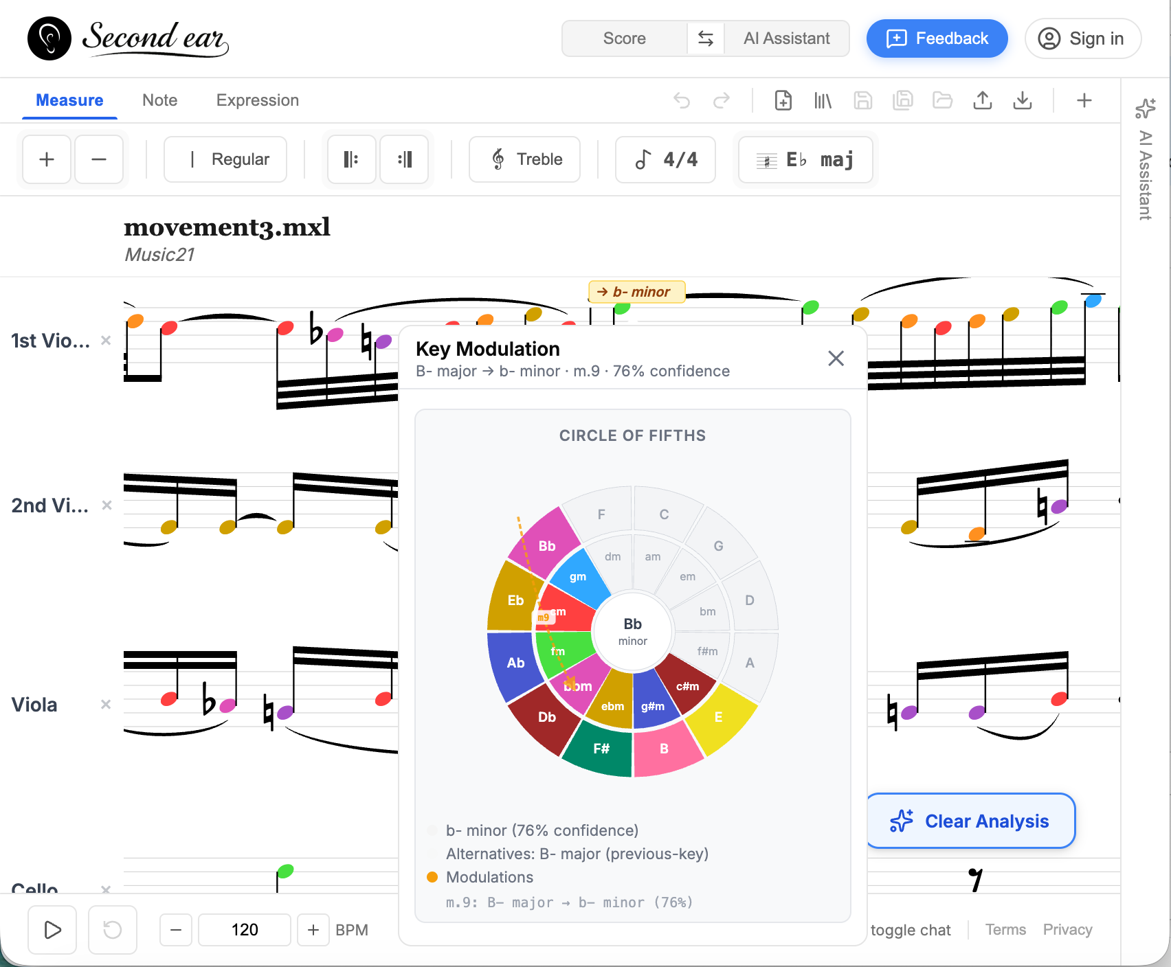 Interactive key modulation diagram showing modulation paths and key relationships on a score