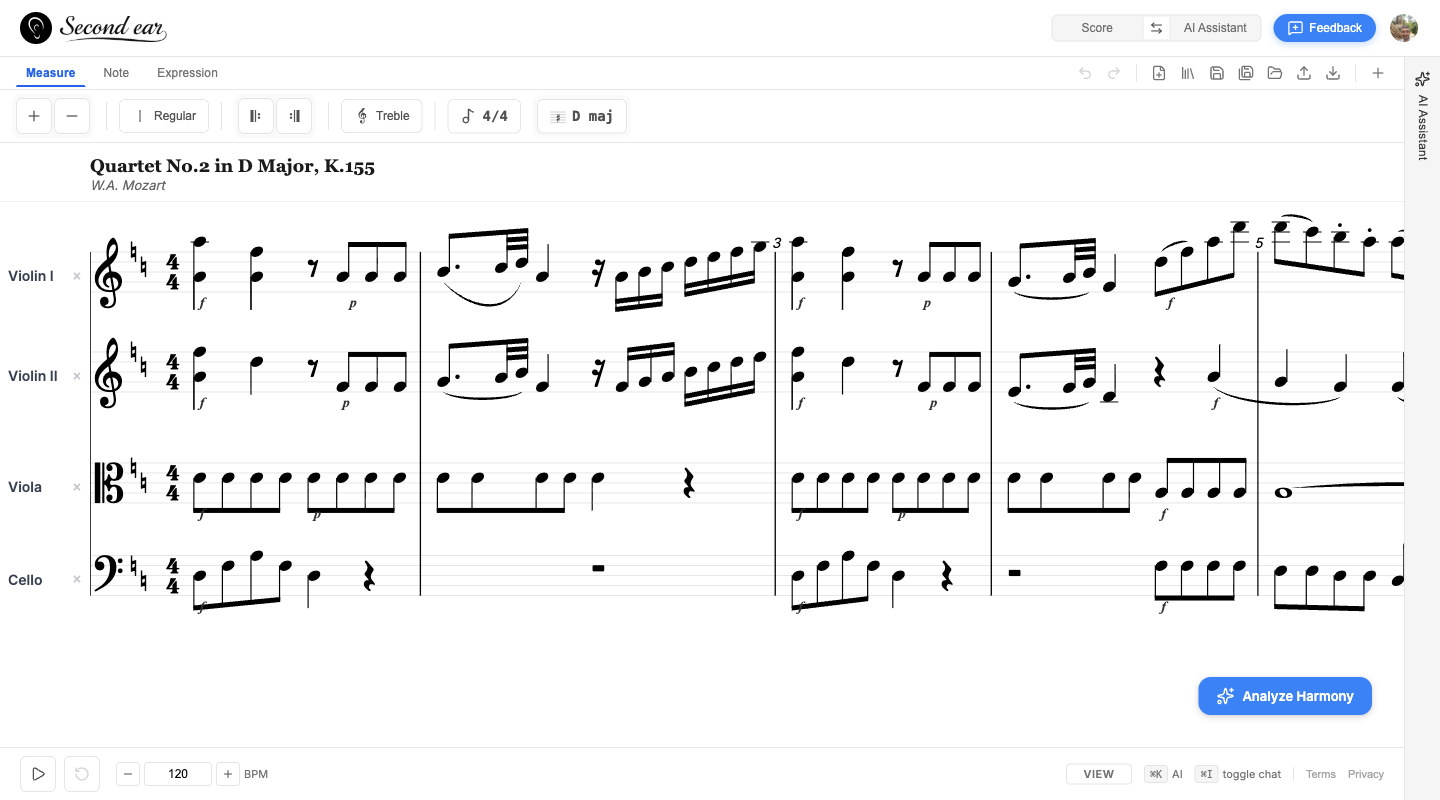 A clean musical score — Mozart string quartet with no analysis annotations